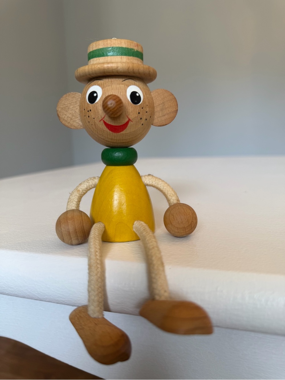 Shelf Sitter Wooden Rope-Leg Toy Figure in Yellow and Natural Wood